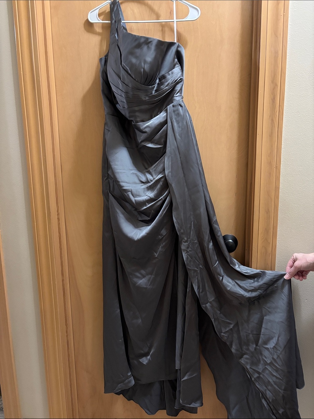 Silver Slate One-Shoulder Ruched Maxi Formal Dress!!
